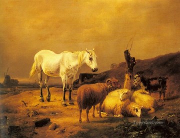  Cabra Pintura - Un caballo, oveja y cabra en un paisaje Eugene Verboeckhoven animal